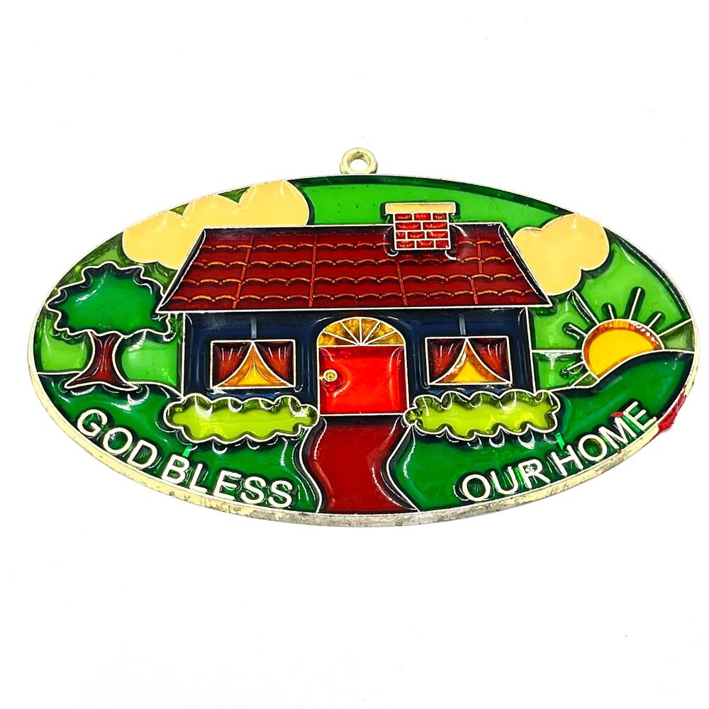 God Bless Our Home Oval Suncatcher 4" x 6" Vtg Religious